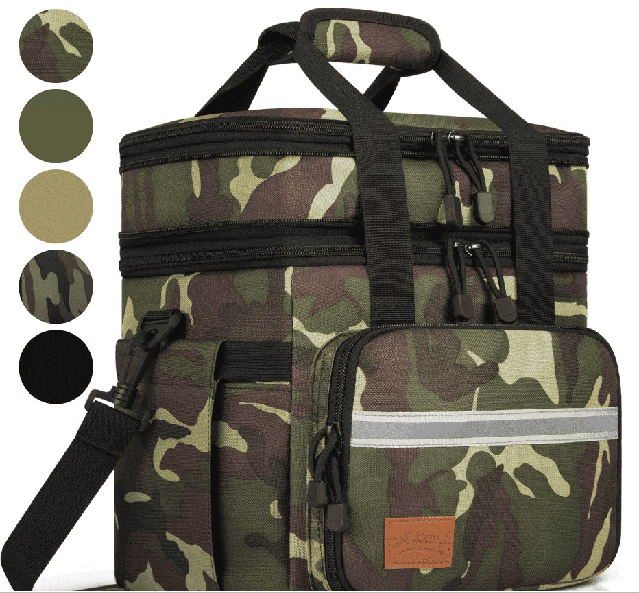 CSD01LBCWC018GN Lunch Bag for Men, 24L Expandable Insulated Lunch Box with Side Pockets, Double Deck Leakproof Cooler Tote Bag with Adjustable Shoulder Strap, 24 Can, Suit for Office/Picnic/Camping/Beach, Camo Green
