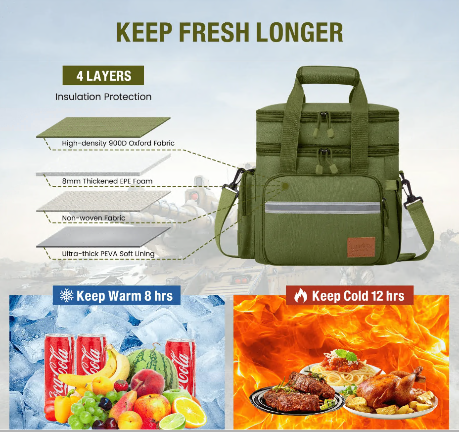 CSD02LBCWC018GN Lunch Bag for Men, 24L Expandable Insulated Lunch Box with Side Pockets, Double Deck Leakproof Cooler Tote Bag with Adjustable Shoulder Strap, 24 Can, Suit for Office/Picnic/Camping/Beach, Green
