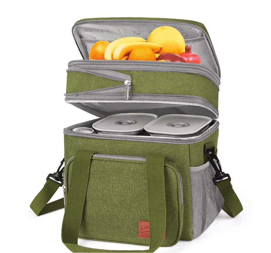 CSD01ILBB8056GN 17L Lunch Bag for Men/Women, Reusable Insulated Lunch Bag, Double Deck Leakproof Lunchbox for Work, Picnic, Beach, Lunch Tote Cooler Bag with Adjustable Shoulder Strap/Side Mesh Pocket, Green