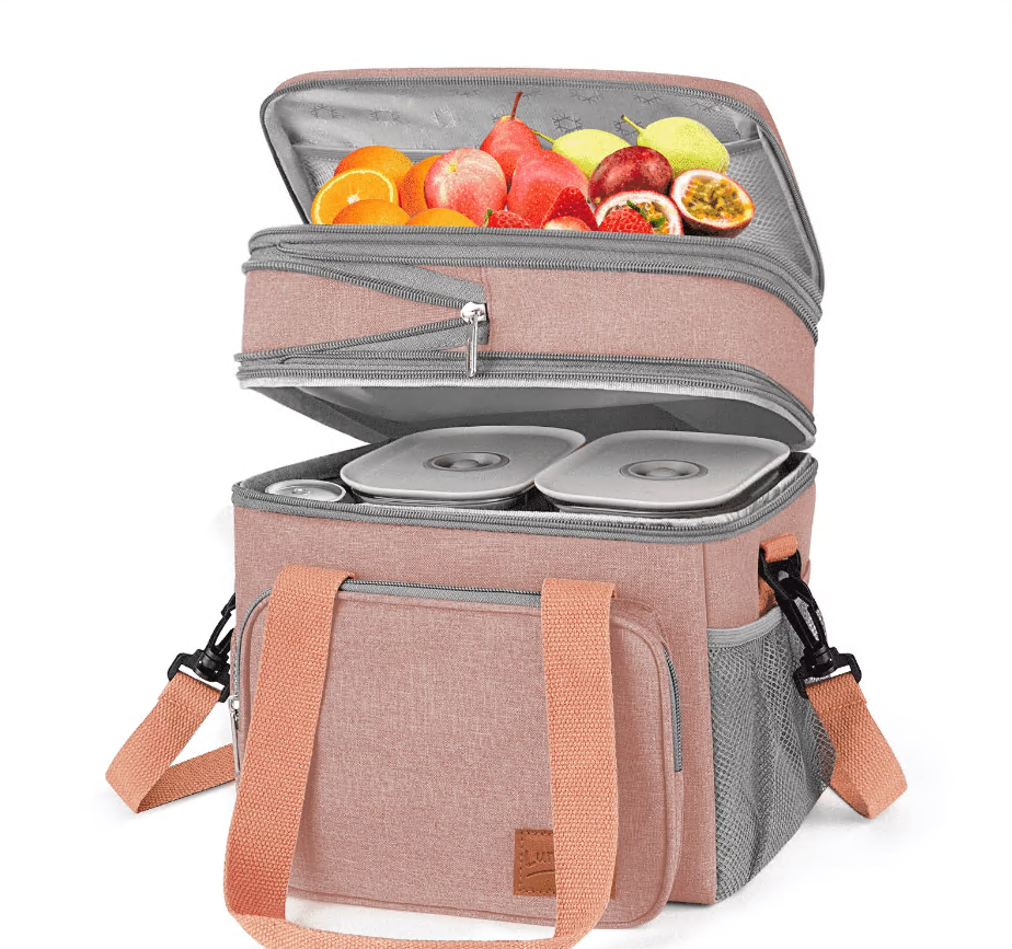 CSD02ILBB8056PNK Lunch Bags for Women Men, 17L Reusable Insulated Lunch Bag, Double Deck Lunch Tote Box for Office, Work, Picnic, Beach, Leakproof Cooler Bag with Adjustable Strap/Side Mesh Pocket, Pink
