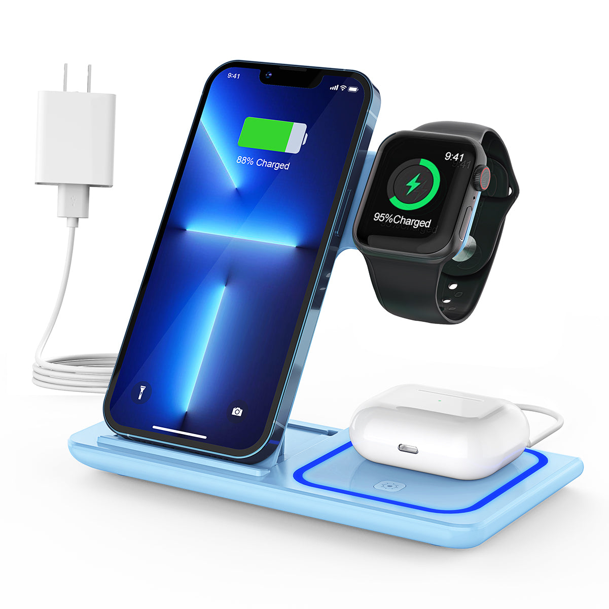 CSD02WLCGX455BL Wireless Phone Charger, 18W 3 in 1 Charging Station for iphone 15/14/13/12/11/Pro/Pro max/XS, Fast Charging Stand for iWatch Series 8/7/6/5/4/3,Airpods 3/2/Pro with QC 3.0 Adapter (Blue)