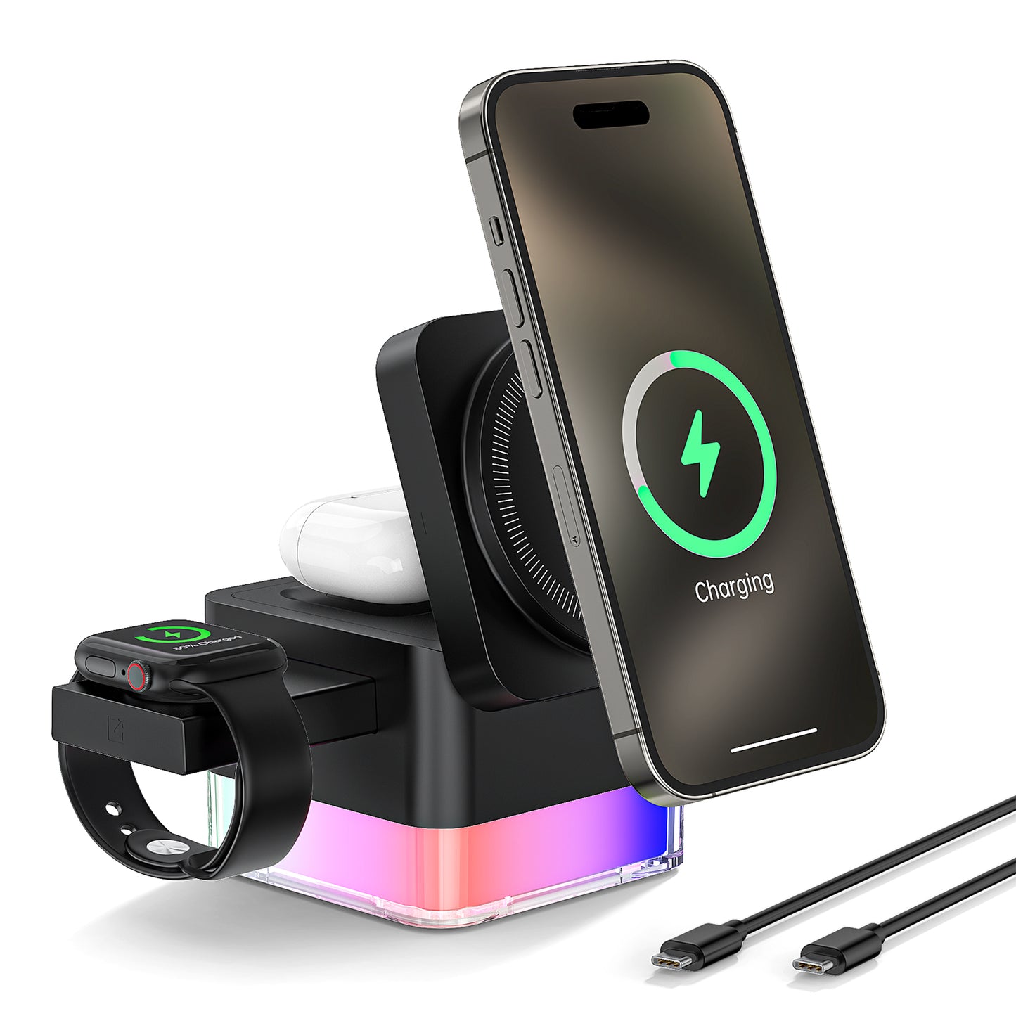 CSD02WLCG00S6BL Wireless iPhone Charging Station, 3 in 1 Wireless Charger Stand for Multiple iPhone Devices, Wireless Charger for iPhone 16/15/14/13/12/Pro/Pro Max, iWatch 10/SE/9/8/7/6/5/4/3/2, AirPods 2/3