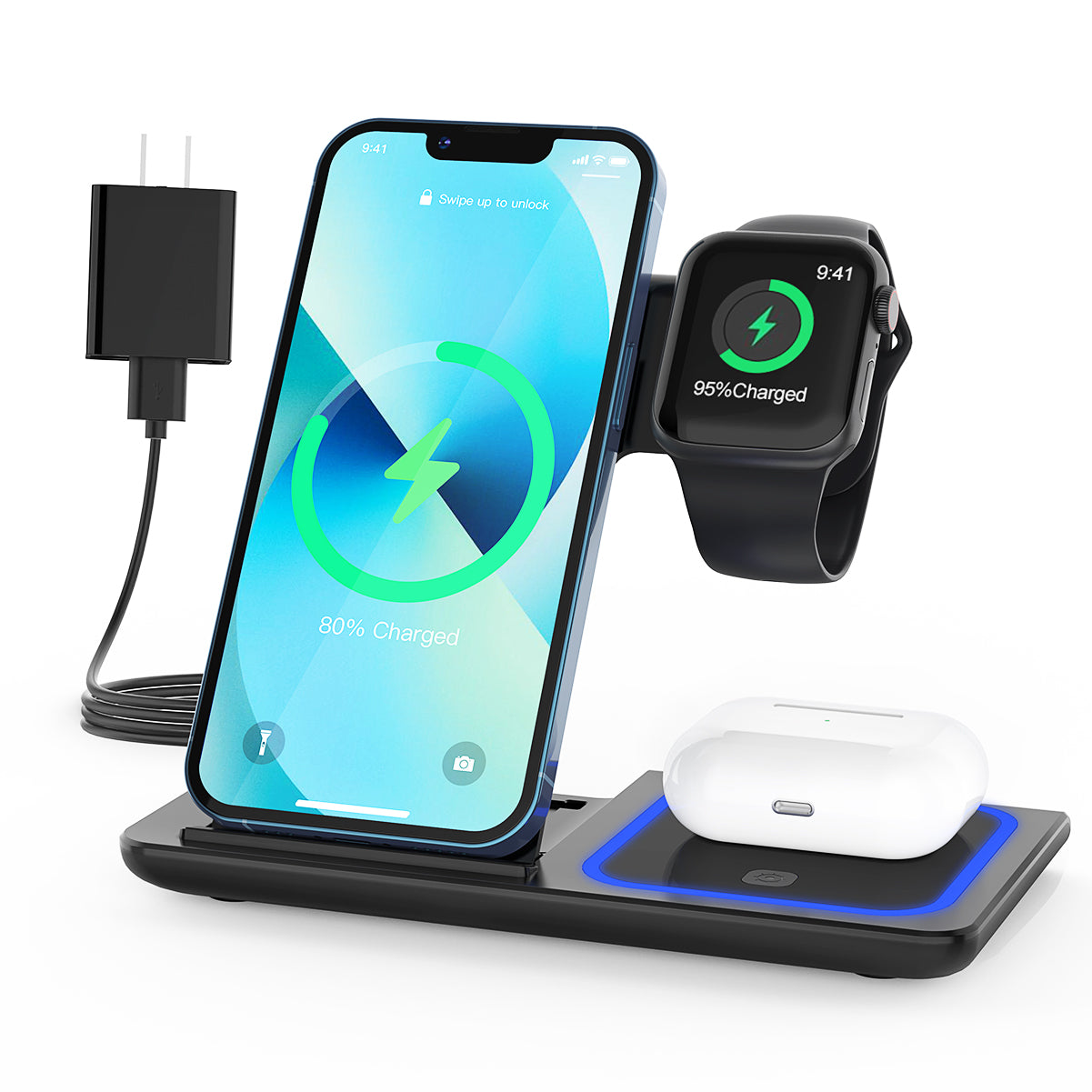 CSDWCBN Wireless Charger, 3 in 1 Wireless Charging Station, 18W Fast Charging Stand for iPhone 15/14/13/12/11Pro/Pro Max, XR XS 8 Plus, for Apple Watch 9 8 7 6 SE 5 4, AirPods 3 2 With Adapter