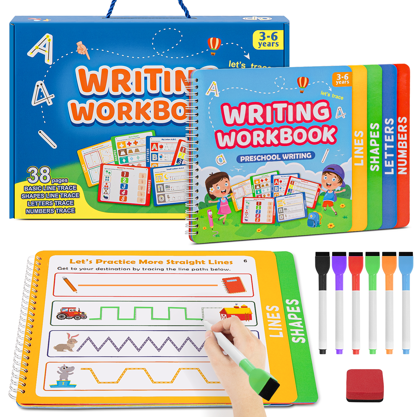 CSD02PBBG1227BU Preschool Learning Activities Educational Workbook, 38 Reusable Pages Pre Kindergarten Workbooks, Number Letter Tracing Books for Kids, Autism Learning Materials, ABC Busy Book for Kids Ages 3-6