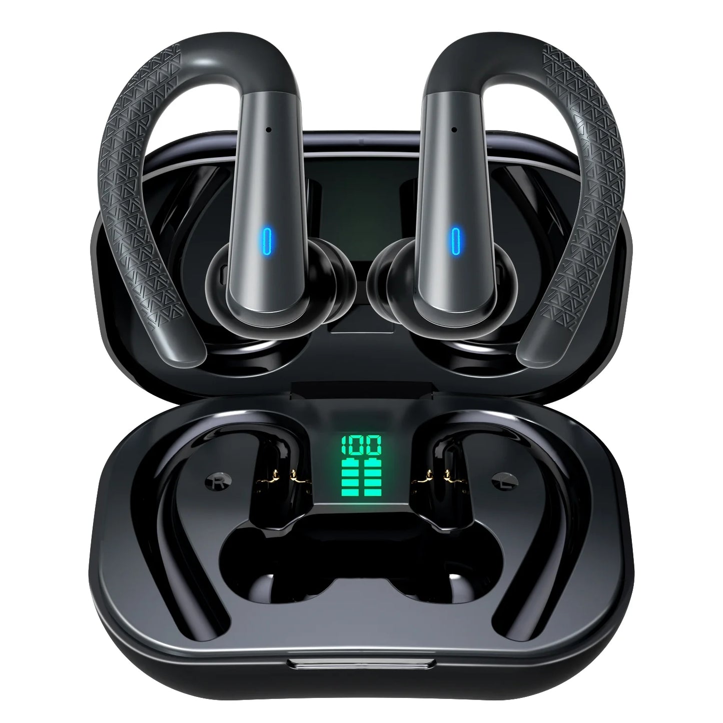 Bluetooth Headphones Wireless Earbuds 48hrs Playback IPX7 Waterproof Ear Buds over-ear Stereo Bass Earphones with Earhooks Microphone LED Battery Display for Sports/Workout/Gym/Running, Black CSD01BHX13000BK