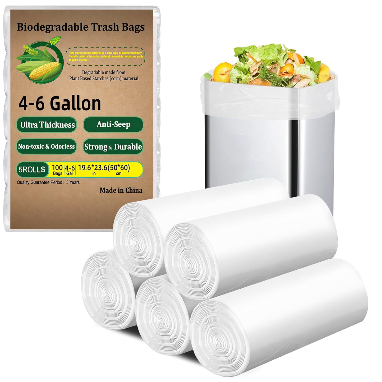 CSD01TRBA0001WH 100 Count Biodegradable Trash Bags 4-6 Gallon, White Small 4 Gallon Garbage Bags, Durable & Easy-Tear Design, Perfect for Home & Office Use