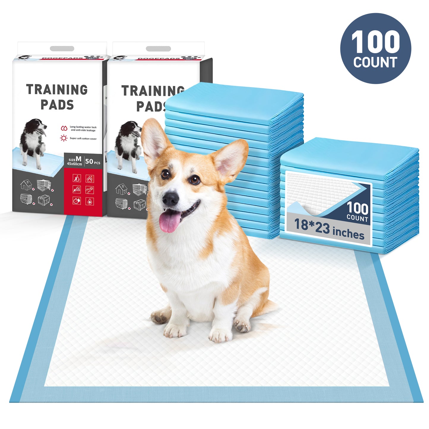 CSD02DAPP0100BU Dog Pee Pads 23"x18" , 100 Count Disposable Pads for Puppy, Baby and Adults, Quick Drying Pee Pads for Dogs, Pet Training Pads Super Absorbent Leak-Proof Cat Pee Pads
