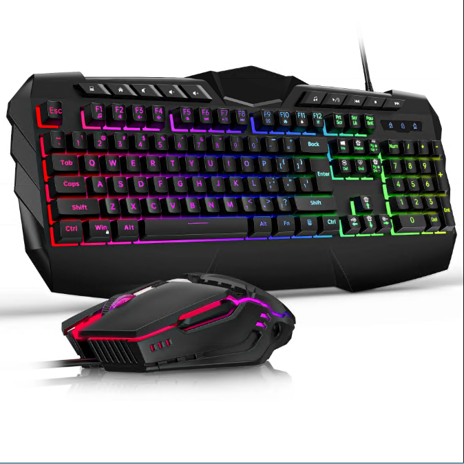 CSD02MWGKA101BKWired Gaming Keyboard and Mouse Combo, LED RGB Backlit 114 Keys Mechanical Feel Anti-ghosting Game Keyboard with 12 Multimedia Keys & 7 Colors Backlit Gaming Mouse for Windows PC Laptop Gamer