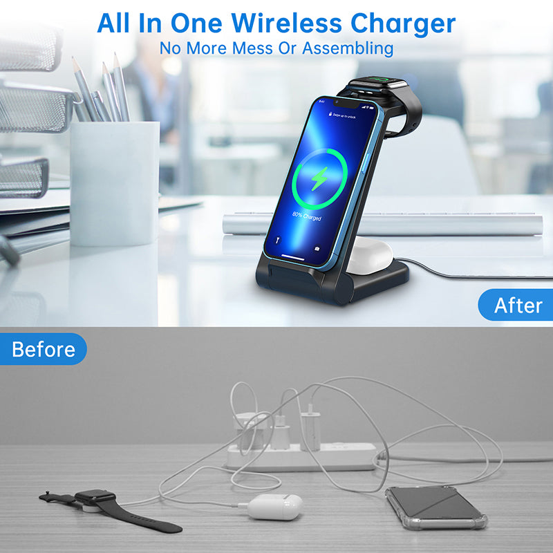 Cshidworld Wireless Charger, 23W 3 in 1 Fast Charging Dock,Charging Station for iPhone 16/15/14/13/12/11 Pro Max, AirPods 4/3/2/Pro, iWatch Series 10/9/8/7/6/5/SE/4/3/2, Samsung Charger Stand (Black)