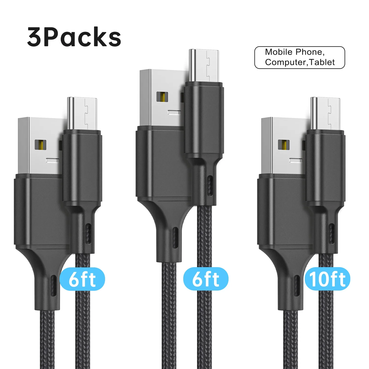 USB Type C Cable, (3-Pack 6/6/10FT) USB C Charger Cable Nylon Braided Fast Charging Sync Cord Compatible with iPhone 15/15 Pro Max Samsung Galaxy S10 S9 S8 Plus,Note 9 8, LG G7 V30S, Color (Black)
