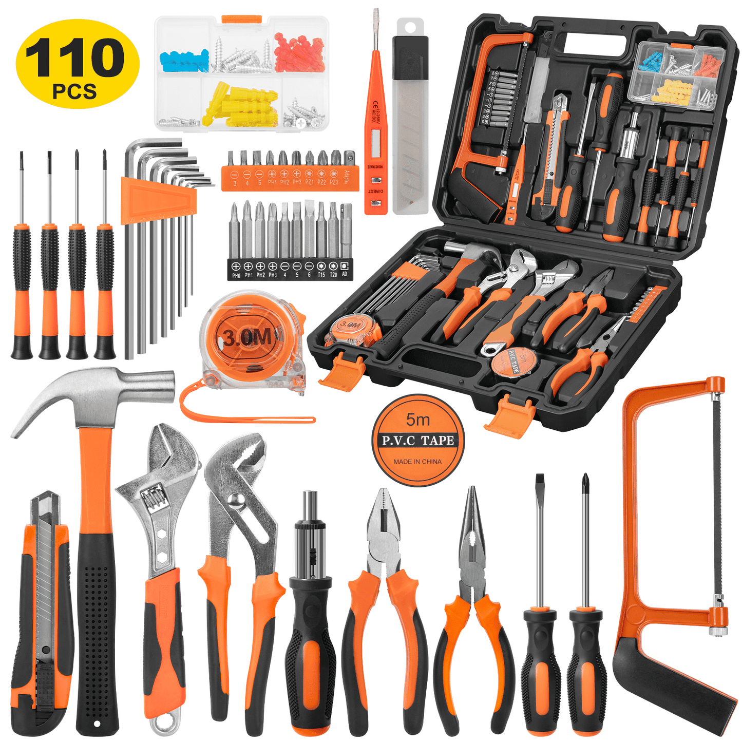 CSD45HRTK0000OG148P 110 PCS Household Hand Tool Set - Home Basic Repair Tool Kit with Case, Hammer, Pliers, Screwdrivers, Adjustable Wrench and Voltage Tester for Men Women Home Maintenance and DIY Projects