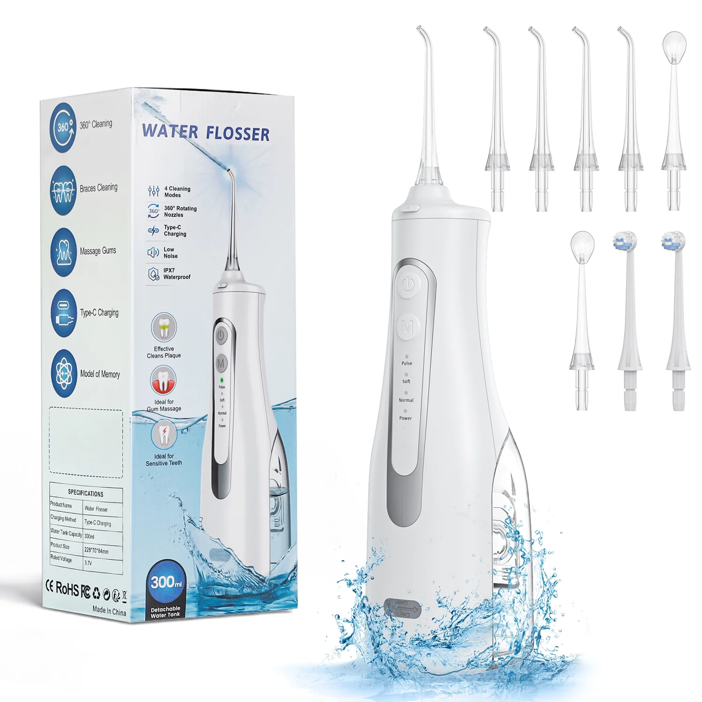 Water Flosser with Large Capacity 300ML Tank, Rechargeable Portable Oral Irrigator Teeth Cleaner, Professional Water Flosser for Home and Travel, Rechargeable Electric Water Flosser with 8 Jets CSD01M209WF00WH