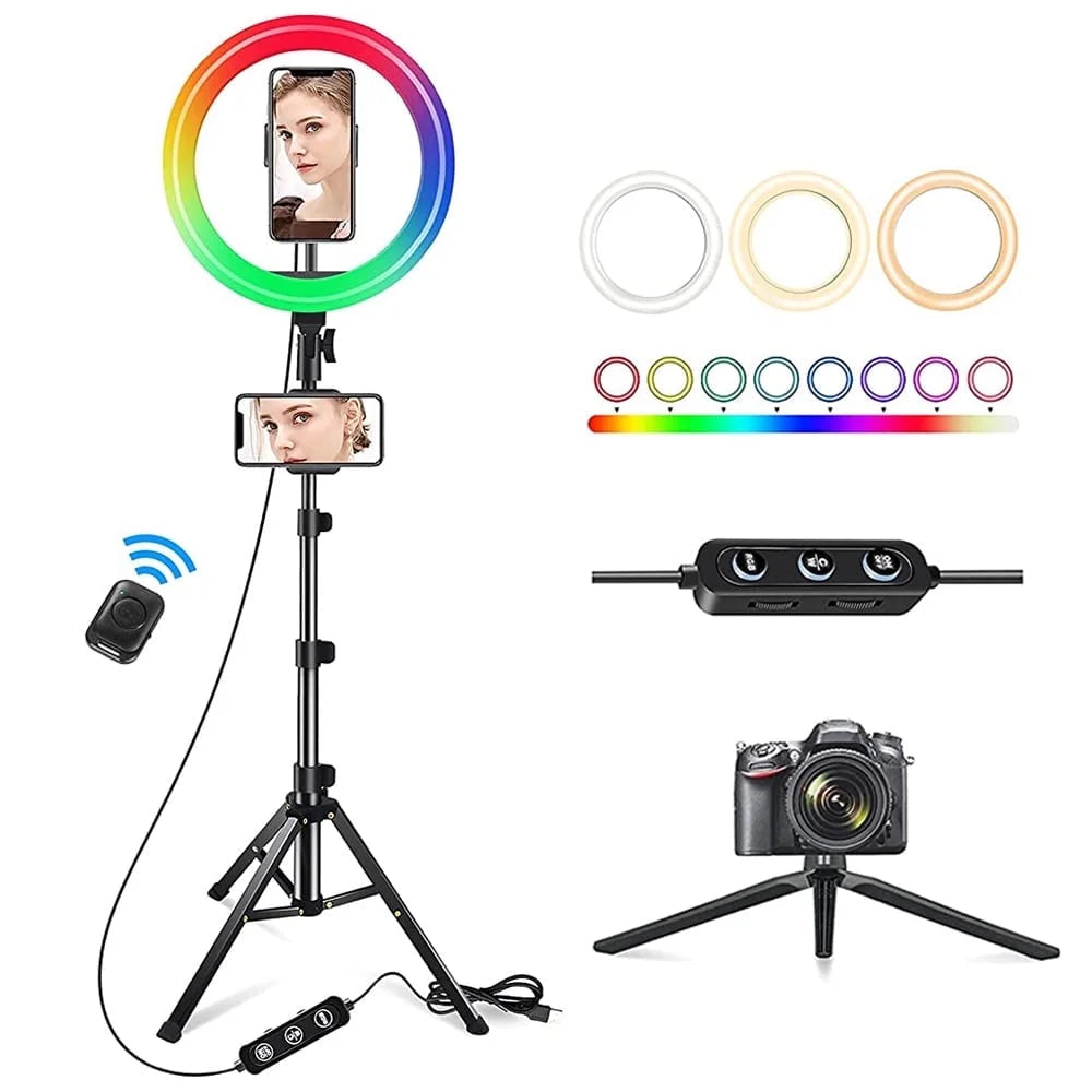 CSDSRL01 13" LED RGB Selfie Ring Light Mini & Extendable Tripod Stand & Phone Holder 10 Brightness Level 26 Light Modes Dimmable Ringlight for Beauty Makeup Live Streaming YouTube Video Photography Shooting