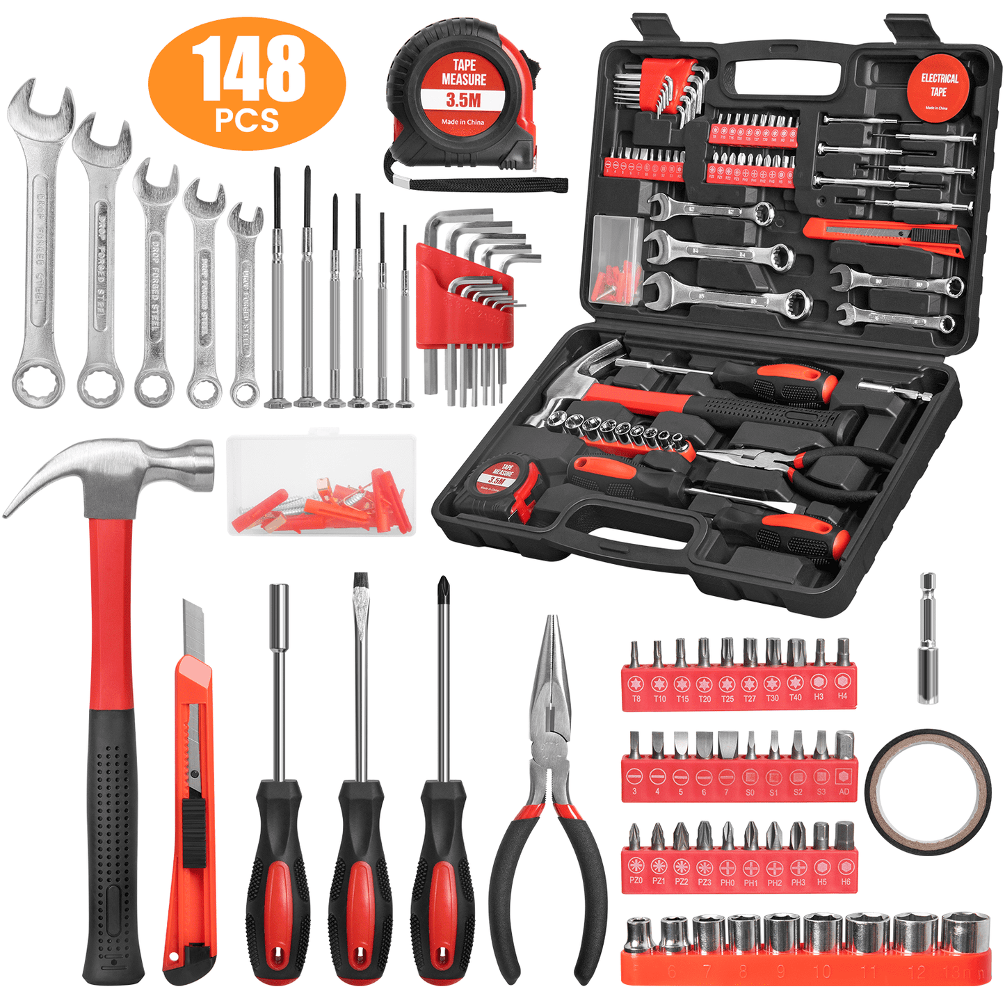 CSD45HHTS0000RE148P 148-Piece Tool Set General Household Hand Kit with Plastic Toolbox Storage Case, Mechanic Basic Home Tool Kit for Men and Women, Includes All Essential Repair Tools for Home Garage and Office, Red