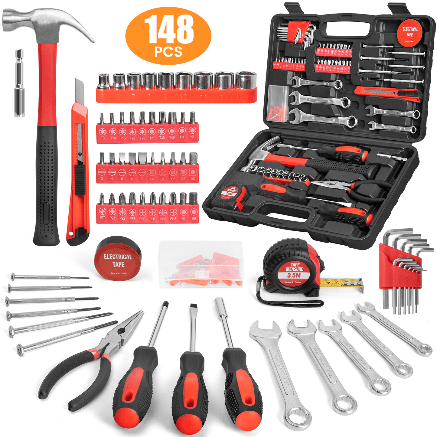 CSD44HHTS0000RE148P 148 Piece Tool Sets All Purpose Household Tool Kit, General Basic Home Repair Tool Set with Toolbox Great for Men and Women, Household Hand Kit for Home Garage Office College Dormitory Use, Red