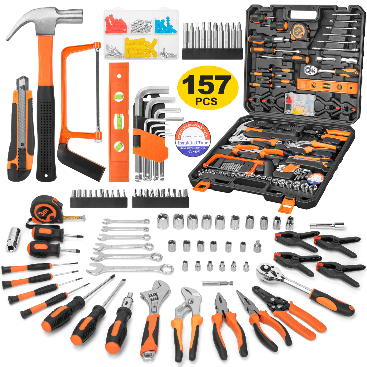 CSD44HHTS0000OG198P 157 Piece Household Tool Kit/Mechanics Tool Set, Socket Wrench Auto Repair Tool Combination Package 1/4" Ratchet Wrench, Mixed Hand Mechanics Tools Kit and Socket Set with Plastic Toolbox Storage Box
