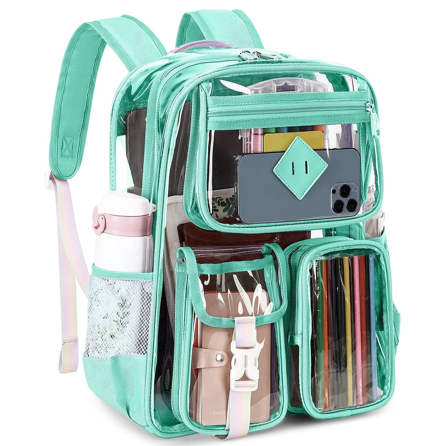 CSD47LAGCB0000BU 17" Large Clear Backpack, Heavy Duty Waterproof PVC Transparent Backpack Stadium Approved with Multiple Pockets, Clear bag for College Workplace Stadium Travel Security Festival College,
