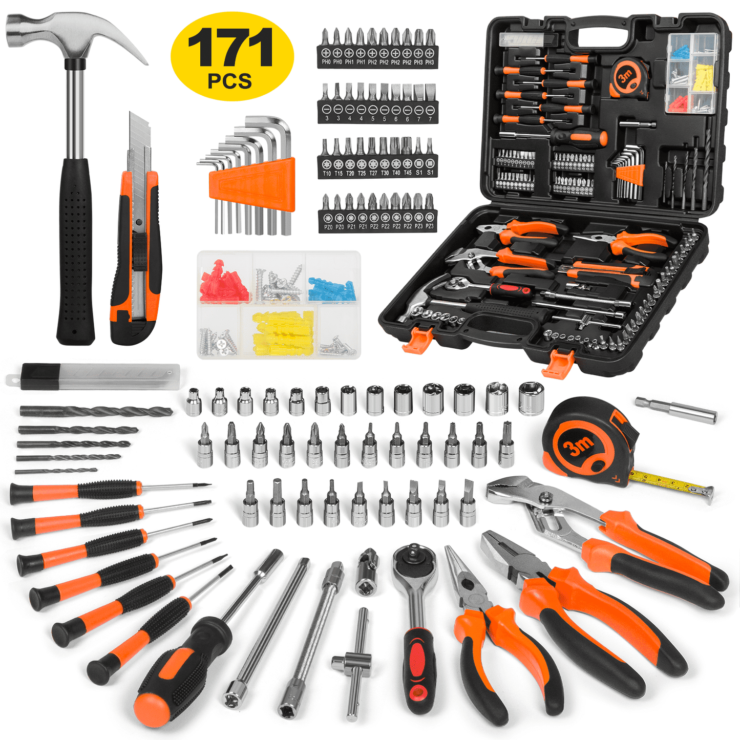 CSD44HHTS0000OG171pcs 171 Piece Household Tool Kit/Mechanics Tool Set, Socket Wrench Auto Repair Tool Combination Package 1/4" Ratchet Wrench, Mixed Hand Mechanics Tools Kit Socket Set with Plastic Toolbox Storage Case