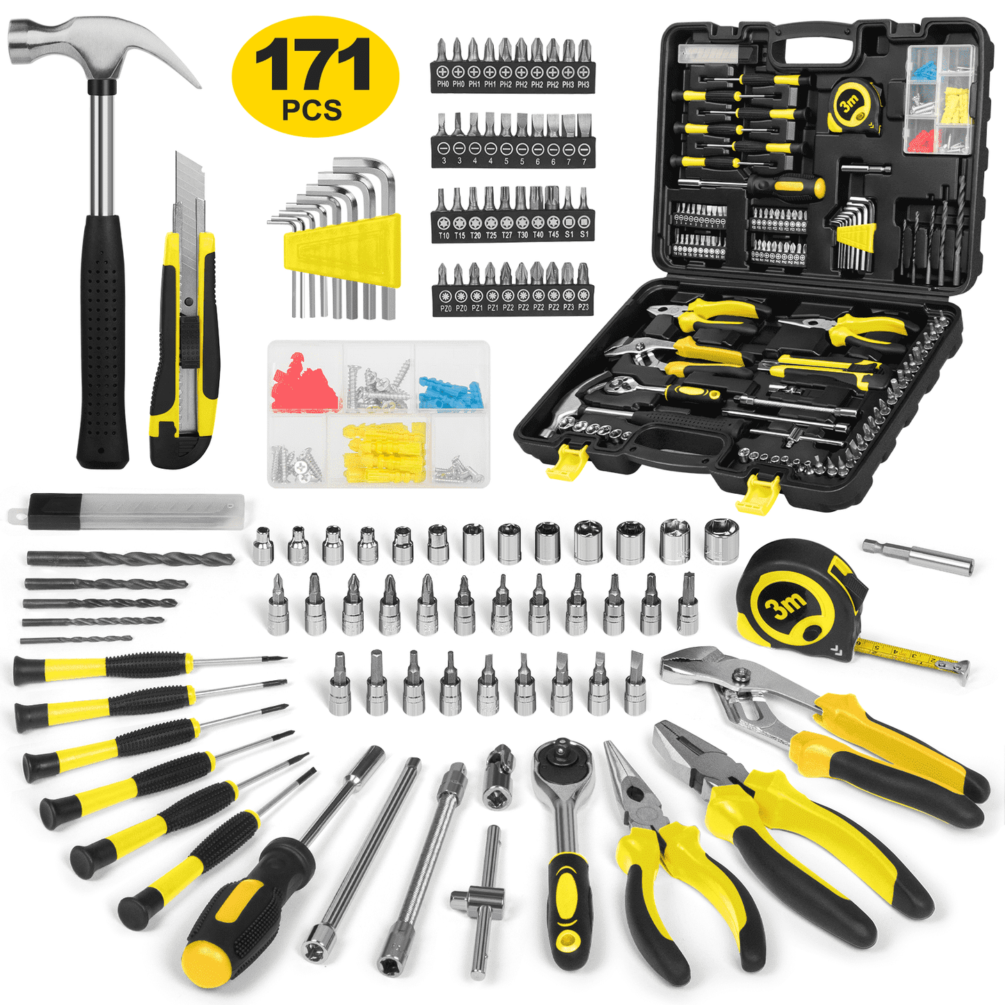CSD44HHTS0000YE171P 171 Piece Household Tool Kit/Mechanics Tool Set, Socket Wrench Auto Repair Tool Combination Package 1/4" Ratchet Wrench, Mixed Hand Mechanics Tools Kit Socket Set with Plastic Toolbox Storage Case
