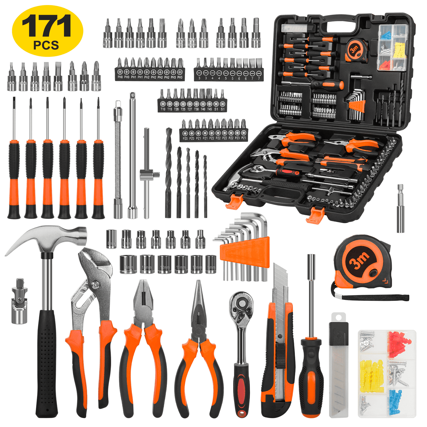 CSD45HHTS0000OG171pcs 171 Piece Socket Wrench Auto Repair Tool Combination Package 1/4" Ratchet Wrench, Household Tool Set General Mechanic Tool Kit and Socket Set, Mixed Tool Set Hand Tool Kit with Toolbox Storage Case