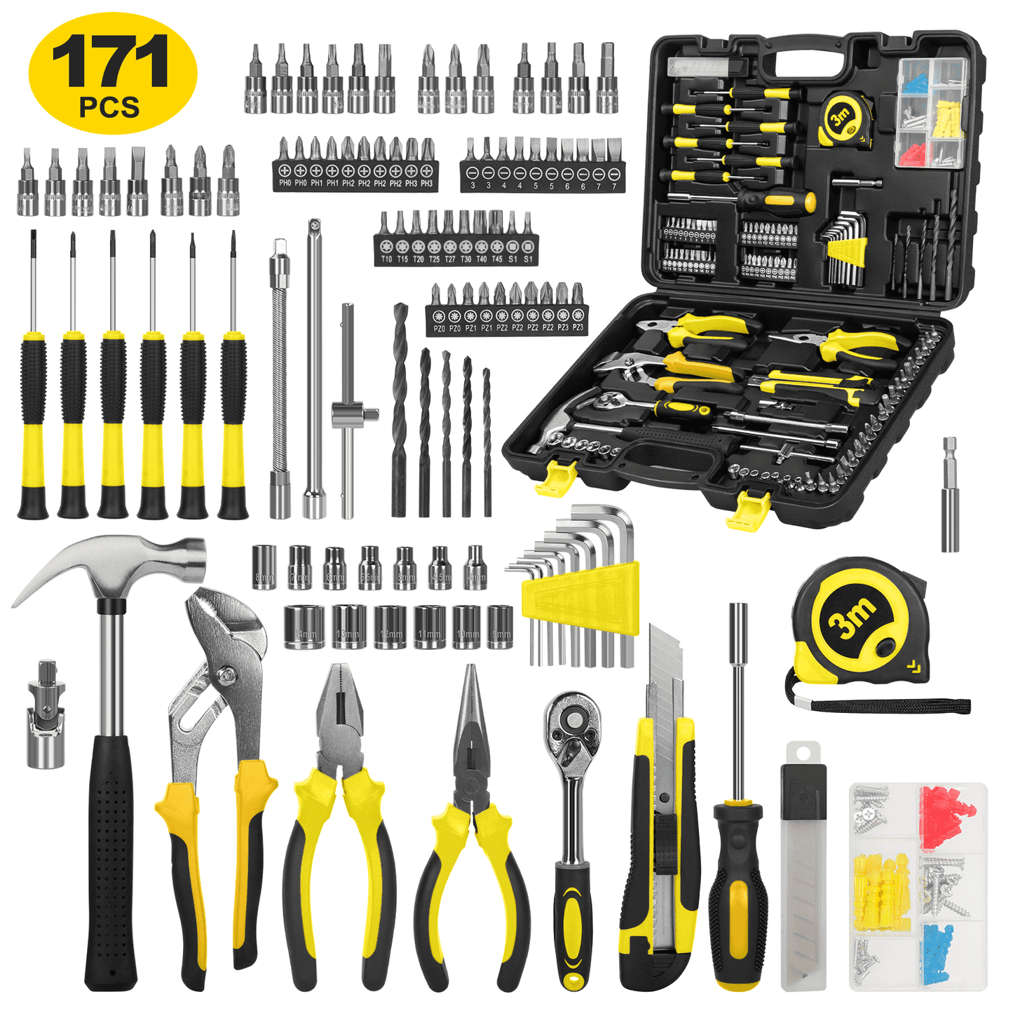 CSD45HHTS0000YE171P 171 Piece Socket Wrench Auto Repair Tool Combination Package 1/4" Ratchet Wrench, Household Tool Set General Mechanic Tool Kit and Socket Set, Mixed Tool Set Hand Tool Kit with Toolbox Storage Case
