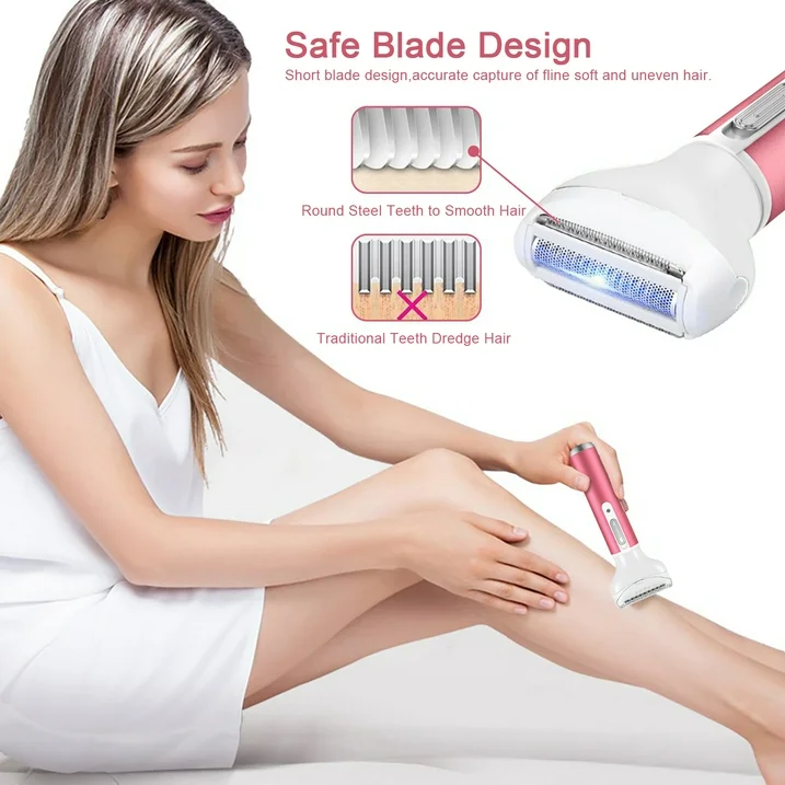 4 in 1 Women Electric Shaver Rechargeable Waterproof Razor Painless Epilator Body Hair Remover Nose Hair Beard Bikini Trimmer Eyebrow Face Facial Armpit Legs Removal Clipper Lady Grooming Groomer Kit