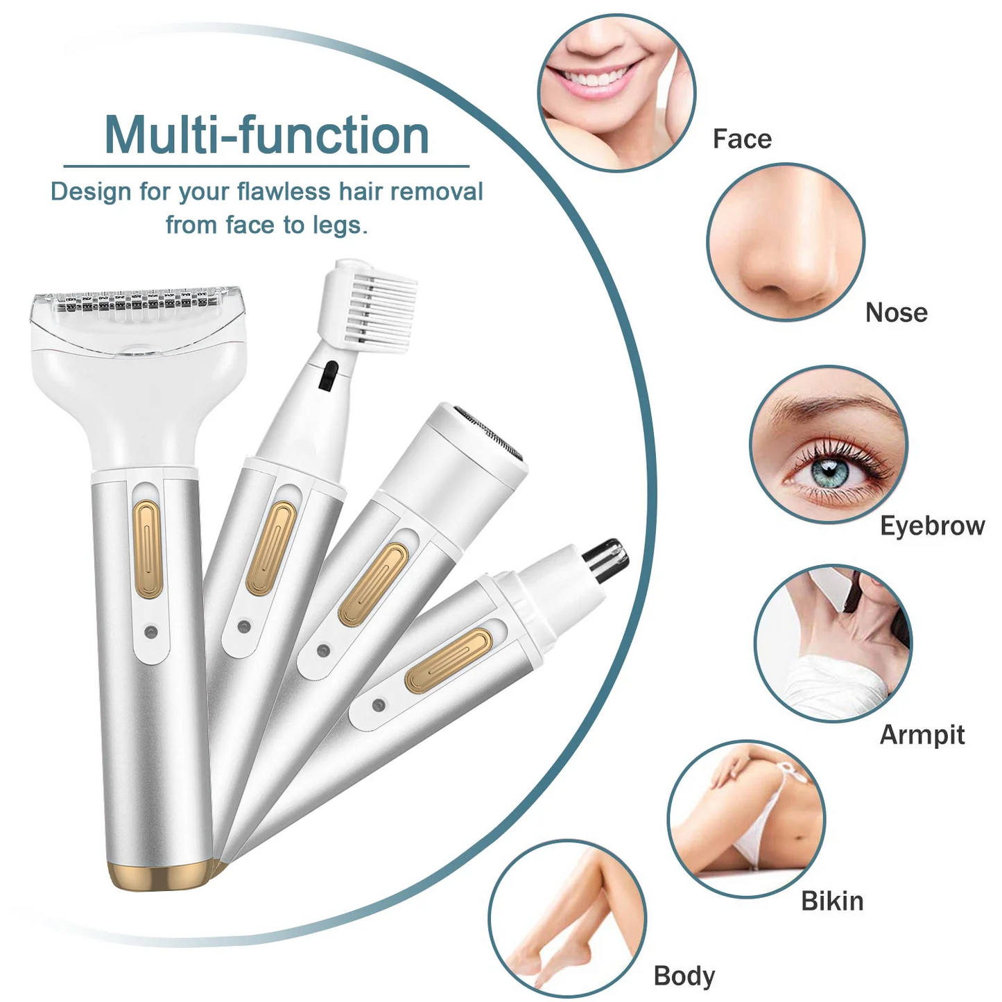 4 in 1 Women Electric Shaver Rechargeable Waterproof Razor Painless Epilator Body Hair Remover Nose Hair Beard Bikini Trimmer Eyebrow Face Facial Armpit Legs Removal Clipper Lady Grooming Groomer Kit