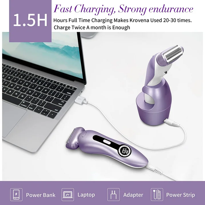 Electric Shaver for Women, Womens Electric Razor Lady IPX7 Waterproof Legs Arm Underarm Body Painless Epilator Rechargeable Wet Dry Use Bikini Trimmer W/ Charging Stand & LCD Display