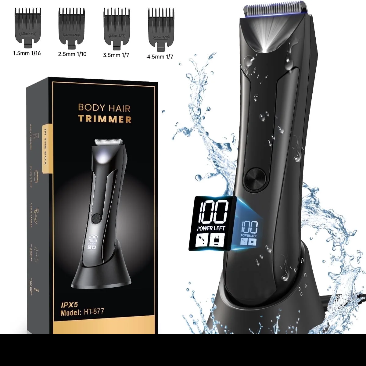 Electric Body Trimmer, Men's Groin Hair Trimmer IPX5 Waterproof Wet/Dry Use Razor, Ceramic Blade Ball Shaver Clipper Body Grooming Kit with LCD Baterry Display, USB Recharge Dock & LED Light
