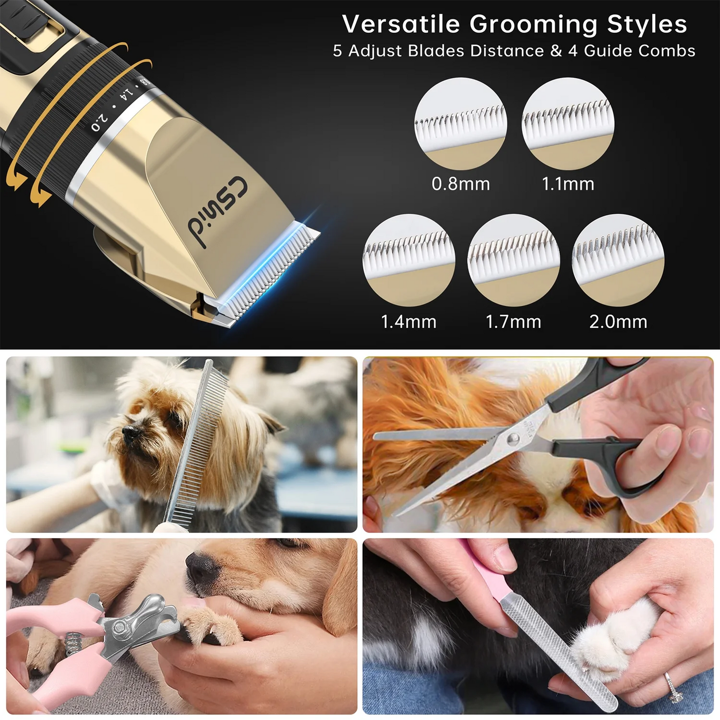 Dog Clippers, USB Rechargeable Cordless Dog Grooming Kit, Low Noise Electric Pets Hair Trimmers, Quiet Washable Shaver Clippers Shears for Thick Coats Dogs Cats with LED Display, 4 Comb Guides