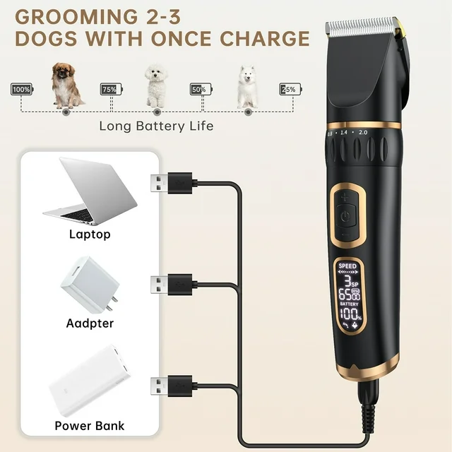 Cshidworld Dog Clippers, Professional Dog Grooming Kit, 3-Speed Low Noise Rechargeable Cordless Pet Hair Clipper Trimmer Shaver Shears for Cats Pets Animals Thick Coats with LCD Display, 6 Comb Guides