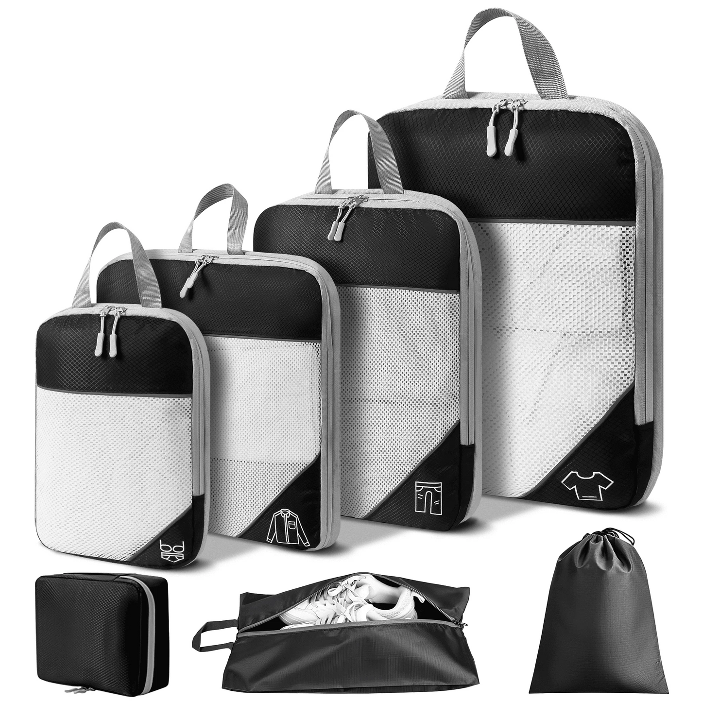 Compression Packing Cubes, 7 Set Travel Organizer Bags for Luggage with Shoe Bag, Expandable Storage for Suitcases Travel