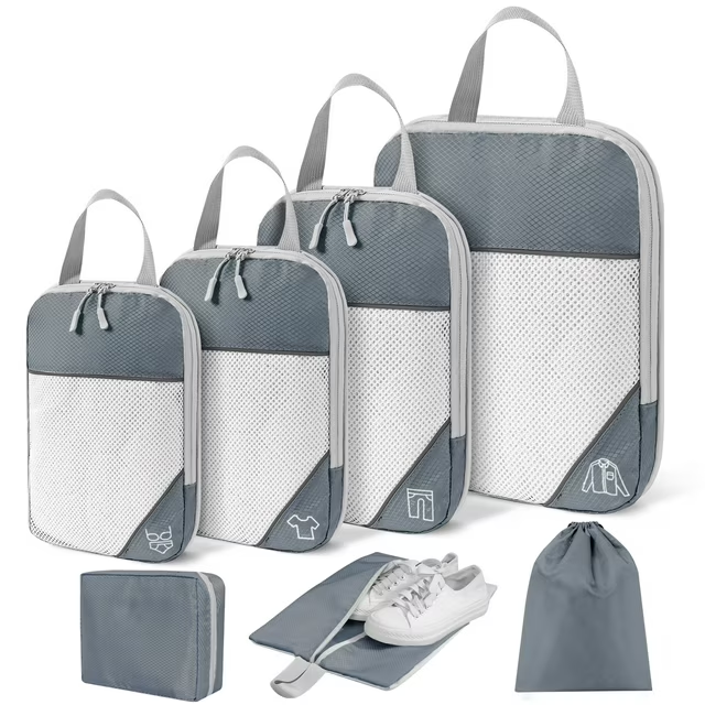 Compression Packing Cubes, 7 Set Travel Organizer Bags for Luggage with Shoe Bag, Expandable Storage for Suitcases Travel