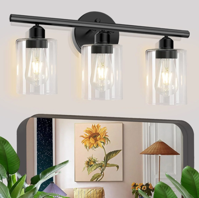 3-Light Black Dimmable Vanity Light with Clear Glass Shade