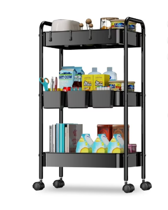 3 Tier Rolling Utility Cart with 3 Hanging Cups, Black