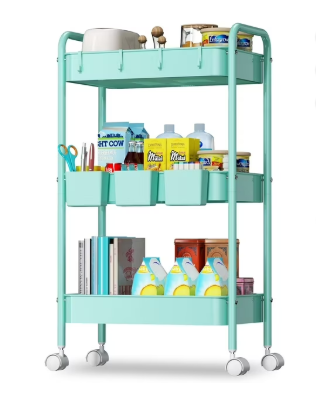 3 Tier Mesh Utility Cart, Rolling Metal Organization Cart with Handle and Lockable Wheels, 3 Hanging Cups and 4 Hooks, Mobile Trolley Cart for Kitchen, Bathroom, Office, Workshop