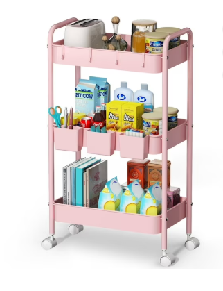 3 Tier Mesh Utility Cart, Rolling Metal Organization Cart with Handle and Lockable Wheels, 3 Hanging Cups and 4 Hooks, Mobile Trolley Cart for Kitchen, Bathroom, Office, Workshop