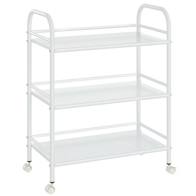 3-Tier Metal Rolling Cart, Heavy Duty Multifunctional Metal Frame with 2 Lockable Wheels, Shelving Unit Storage Rack Kitchen Cart Island with Shelves for Home Office Kitchen Bathroom Bedroom, White