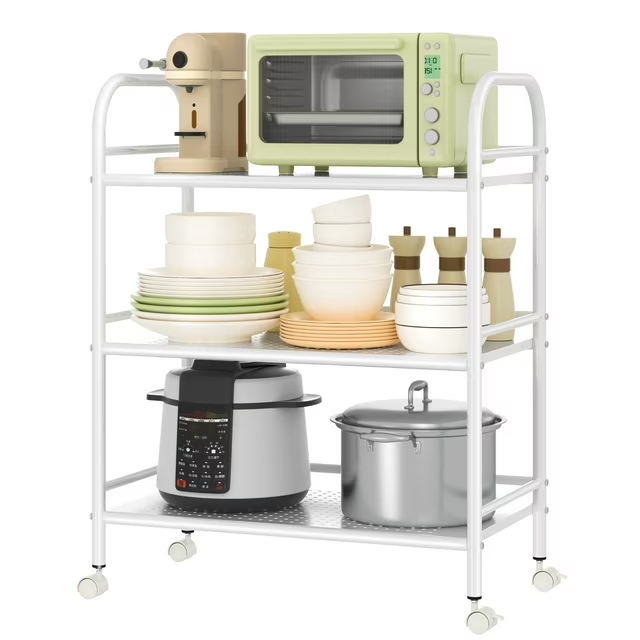 3-Tier Metal Rolling Cart, Shelving Unit Storage Rack Kitchen Cart Island with Shelves, Heavy Duty Multifunctional Metal Frame with 2 Lockable Wheels for Home Office Kitchen Bathroom Bedroom, White