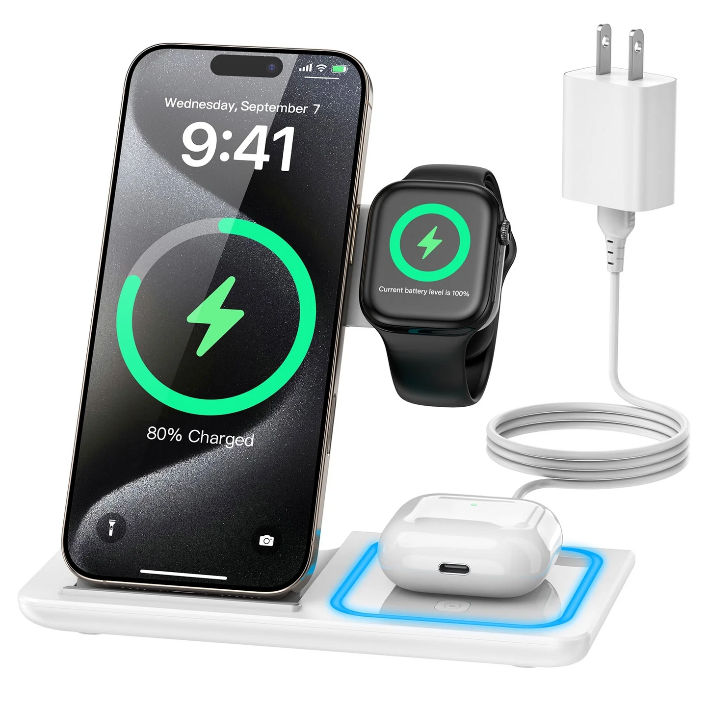 CSD01WCHGX455WH Wireless Charging Station, 3-in-1 Foldable Travel Charger for Apple Devices, Compatible with iPhone 16/15/14/Pro/Max , Apple Watch Series 3 to 10/SE/Ultra, AirPods Pro 2/3/4 (with Case)