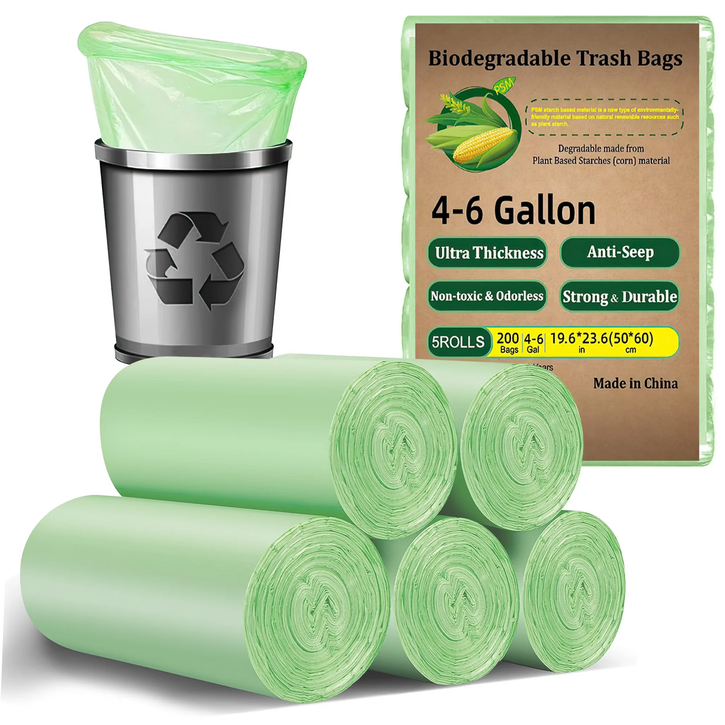 CSD02TRBA0002GN 200 Count Biodegradable Trash Bags 4-6 Gallon, Green Small 4 Gallon Garbage Bags, Durable & Easy-Tear Design, Perfect for Home & Office Use