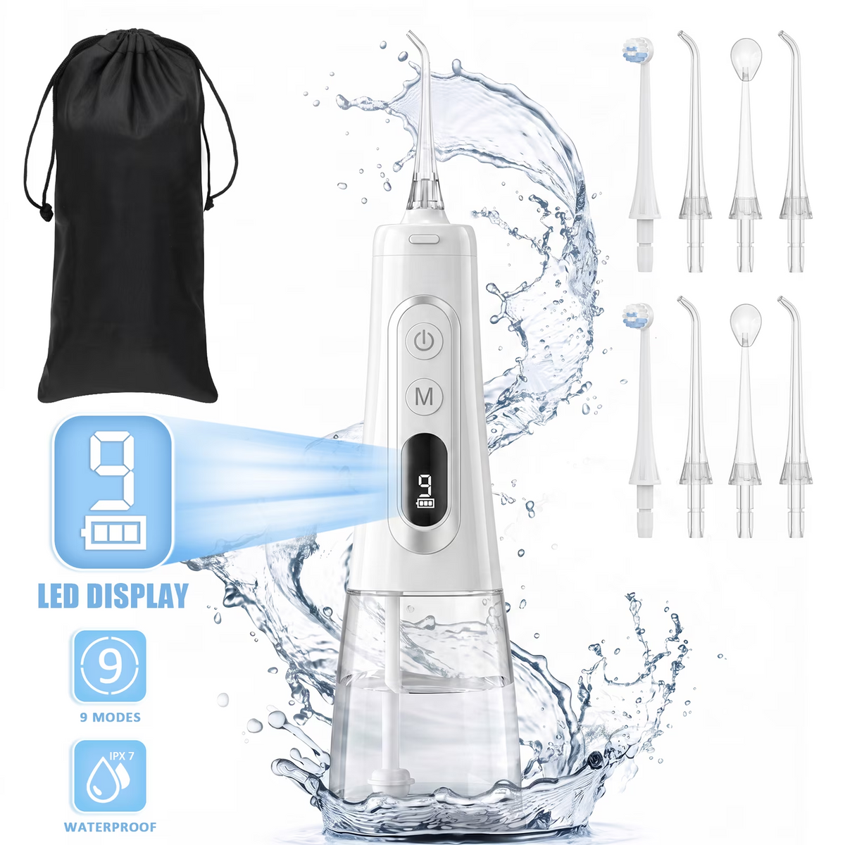 Water Flosser Cordless, OLED Display 300ML Large Tank Water Dental Flosser for Teeth Cleaning and Flossing Oral Irrigator/ 9 Modes with 8 Jet Tips, IPX7 Waterproof & Rechargeable CSD01HDM13900WH