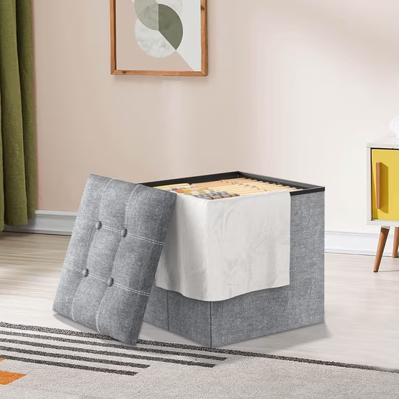 CSD02SROM0000GY 40L Storage Ottoman, Foot Rest Stool, 15 inch Folding Footstool Bench with Storage, Short Gray Ottoman Stool, Storage Foot Rest to Store Books Clothes Toys