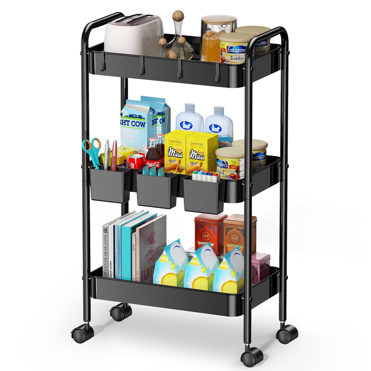 3 Tier Mesh Utility Cart, Rolling Metal Organization Cart with Handle and Lockable Wheels