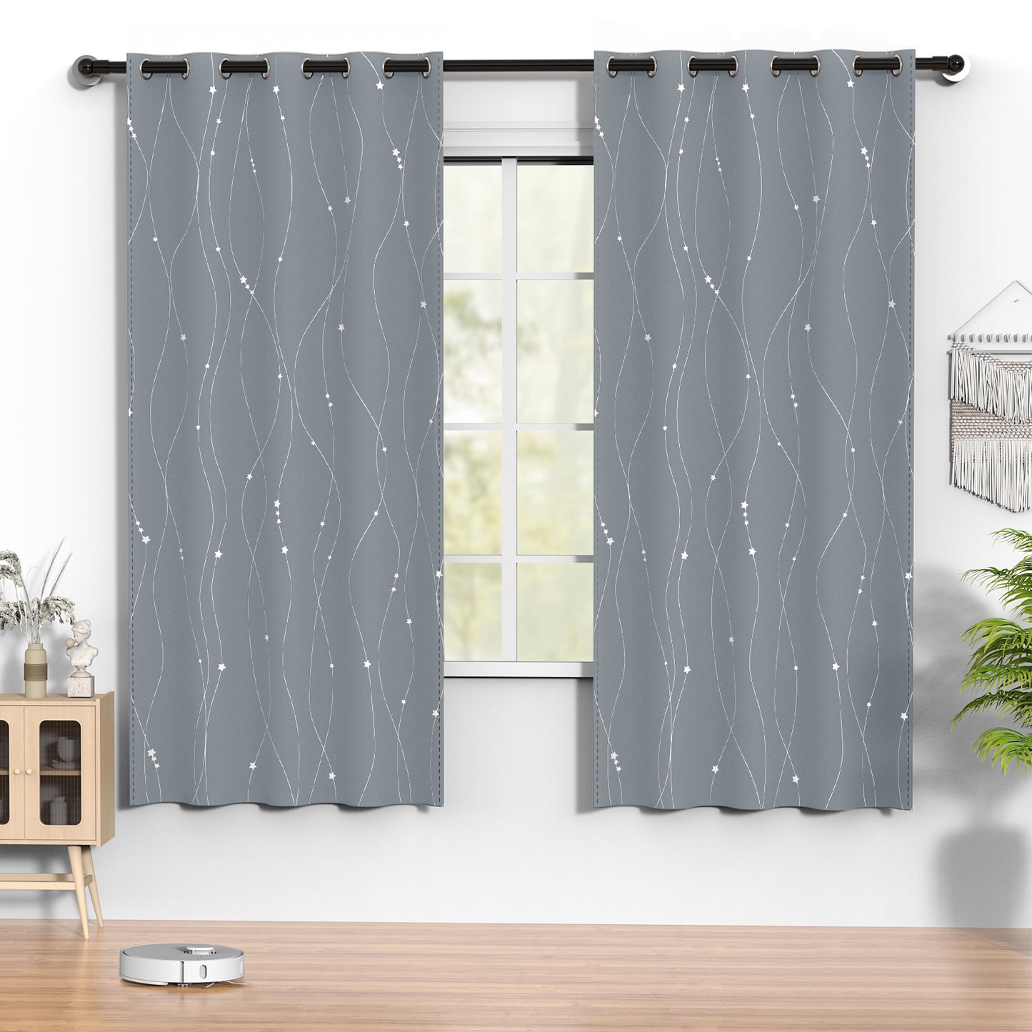 Blackout Curtains 52 x 72 inch, Thermal Insulated Black Curtains Set of 2 Panels, Noise Reduce Room Darkening Drapes for Bedroom, Living Room, Privacy Protection & Energy Saving, Gray with Priting