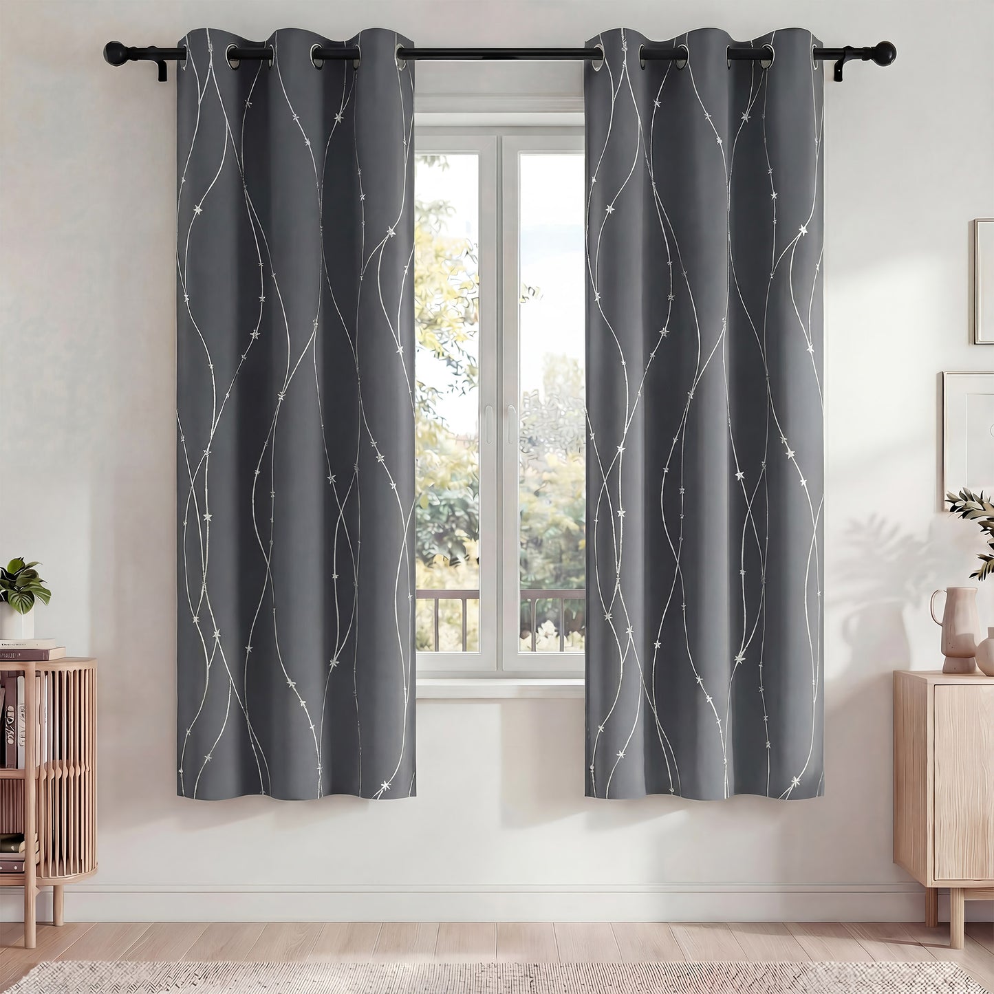 Blackout Curtains, Blackout Curtains Set of 2 for Bedroom Living Room 42x72 in, Thermal Insulated Room Darkening Drapes with Grommet Top, Noise Reduction & Light Blocking, Printed Gray