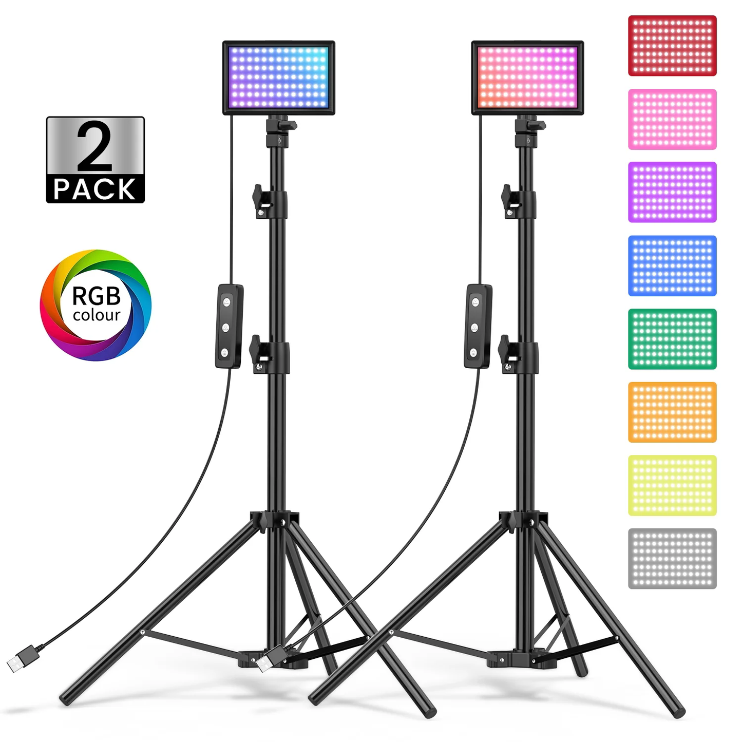 2-Pack LED Video Light Kit, Remote Control Dimmable USB LED Continuous Light Photography Light with Tripods, 9 Color Filters and 10 Brightness Level for Video Recording, Game Streaming, YouTube CSD02MCVL0000BK