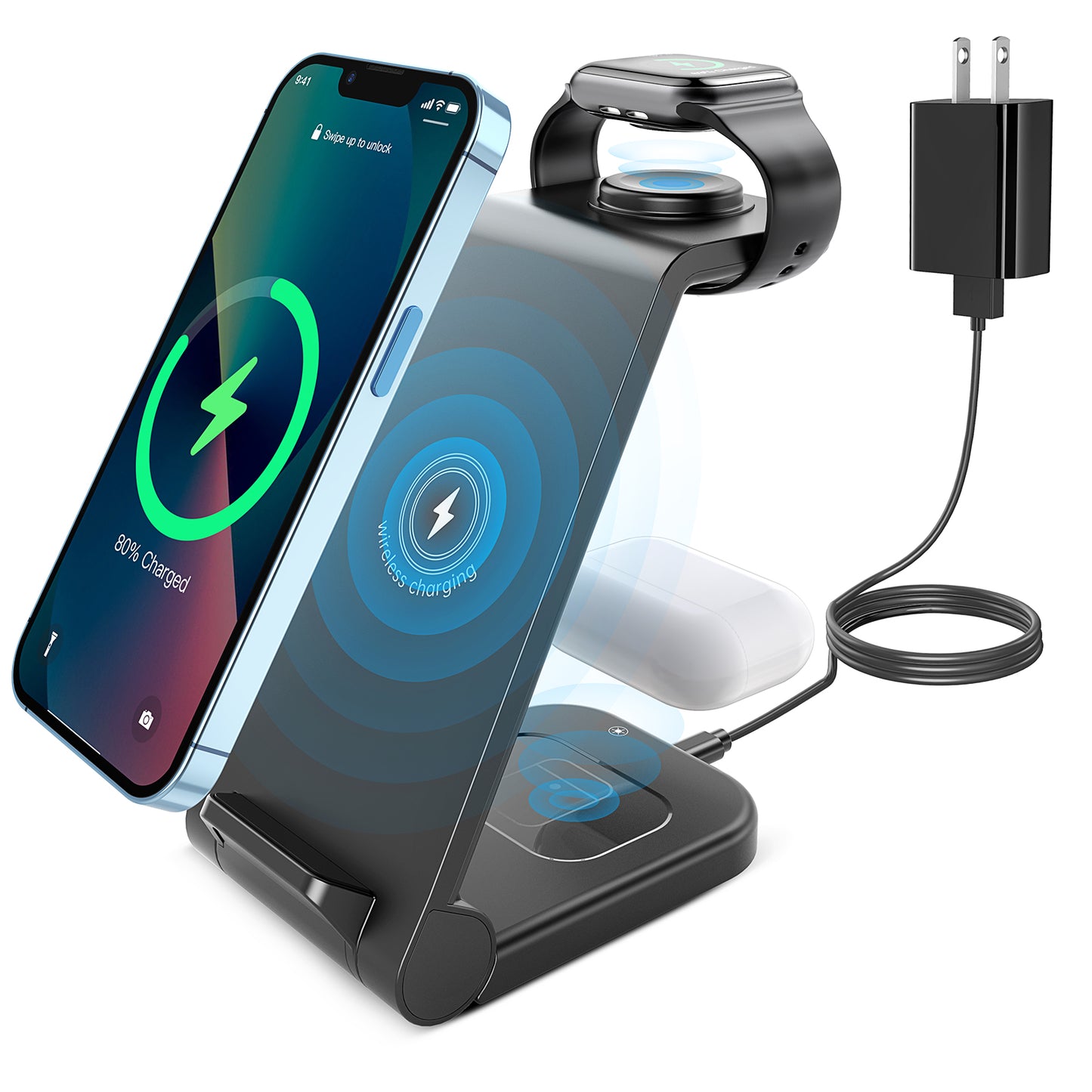 CSD02WLCGWX38BL Fast Wireless Charger Station, 23W Wireless Charging Stand for iPhone 15/14/13/13 Pro/ 12/12 Pro/11/XS Max/XR/X/Galaxy S23 S22 S21 S10, Charging Station for AirPods 3/2/Pro, iWatch Series