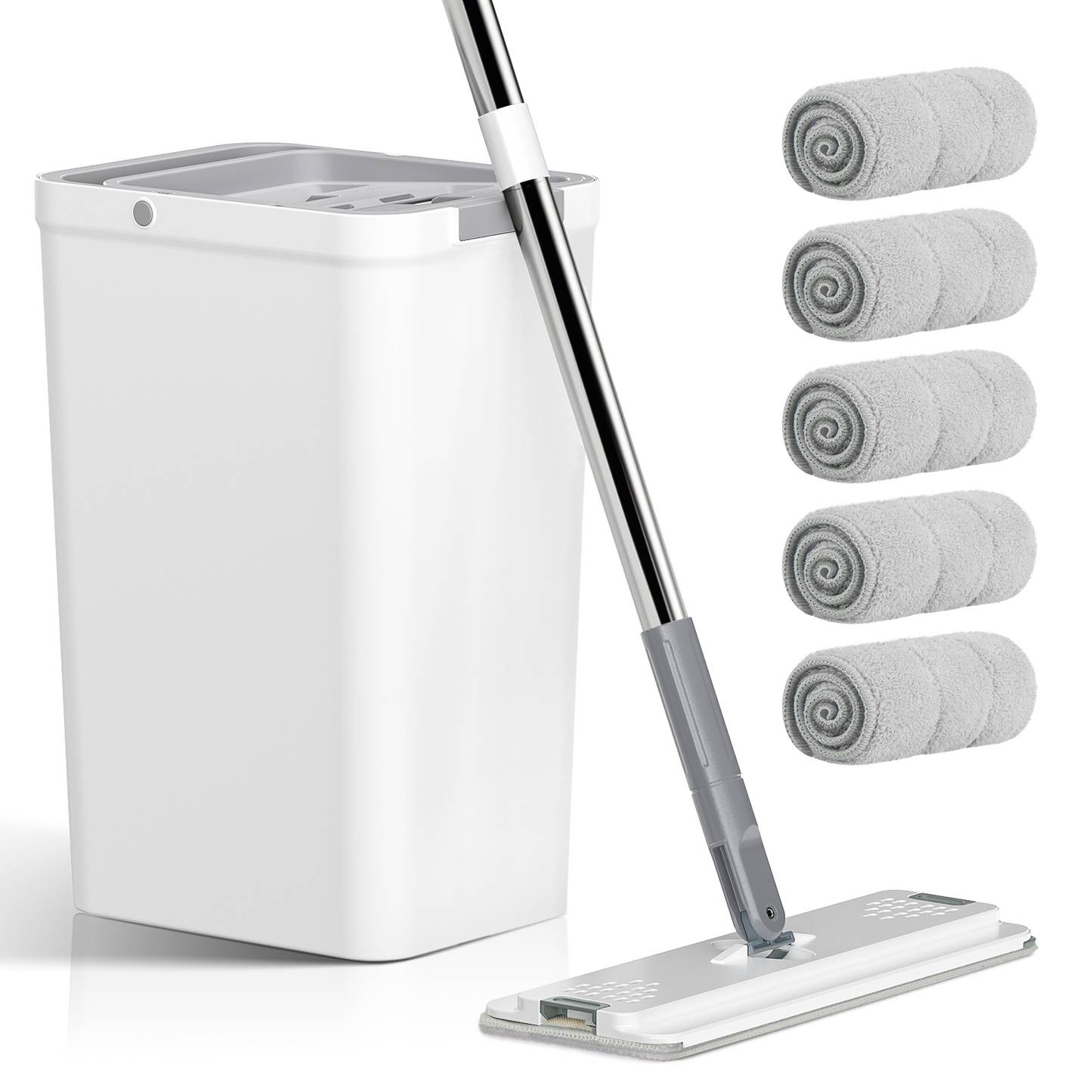 CSD01MPWB0000WT Cshidworld Mop and Bucket with Wringer Set, Hands Free Flat Floor Mop and Bucket Set, 5 Washable Microfiber Pads, Wet and Dry Use, Home Floor Cleaning System