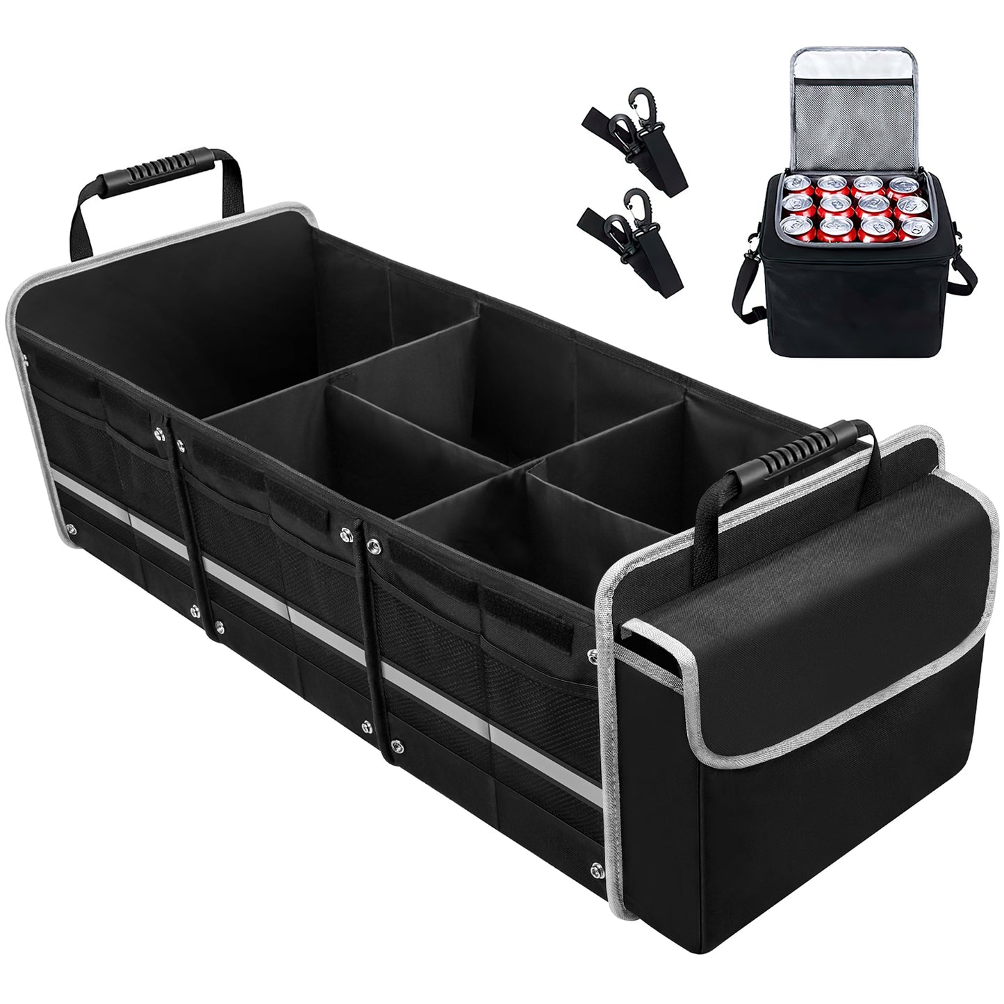 CSD01CTOZ0000BL Car Storage Organizer, Collapsible Multi Compartment SUV Trunk Organizer with Leakproof Insulated Bag, Adjustable Securing Straps, Foldable Cover, Trunk Storage Box for Car, SUV, Truck, or Van